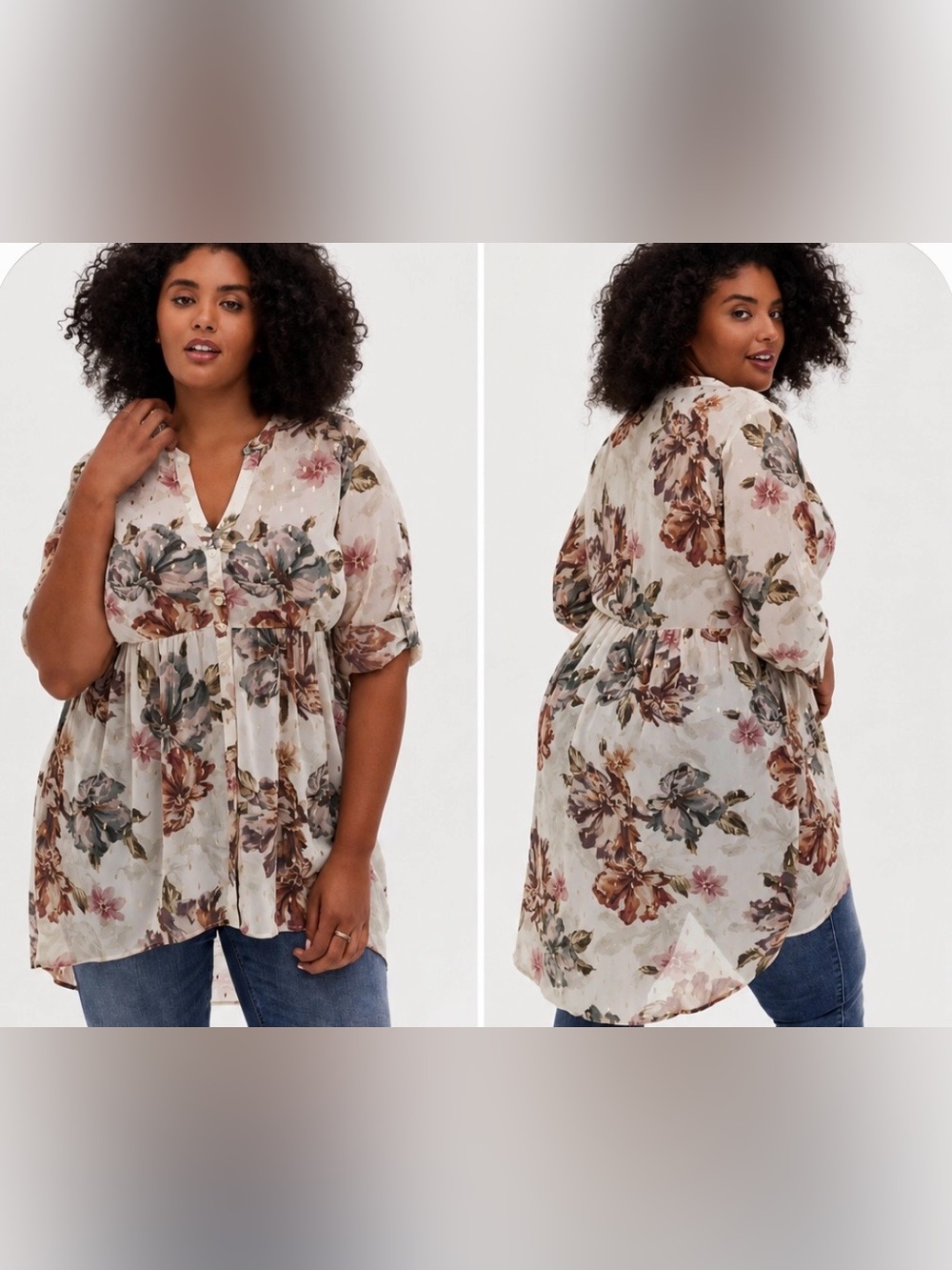 Torrid Lexie Size 0X Floral Chiffon Babydoll Tunic Hi Low Sheer Gold Metallic